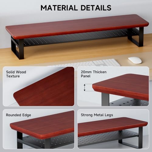 Image of Dual Monitor Stand, 35.4 Inch Monitor Stand Riser for 2 Monitors, 2 Tiers Wood Desk Shelf with Storage, Desktop Organizer Stand for Computer, Laptop, Printer, TV