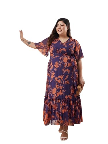 Image of Miss Chase A+ Women's V-Neck Three-Quarter Sleeve Floral Wrap Chiffon Midi Dress