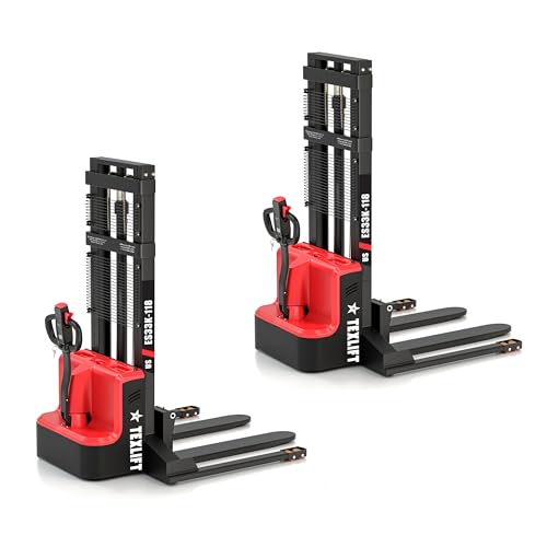 Image of Full Electric Forklift Walkie Pallet Stacker with Fixed Straddle Legs and Adjustable Forks 5.50 Inch to 27 Inch - Material Lifter 3300lbs Capacity 118 Inch Lifting Heights - 2 Pack