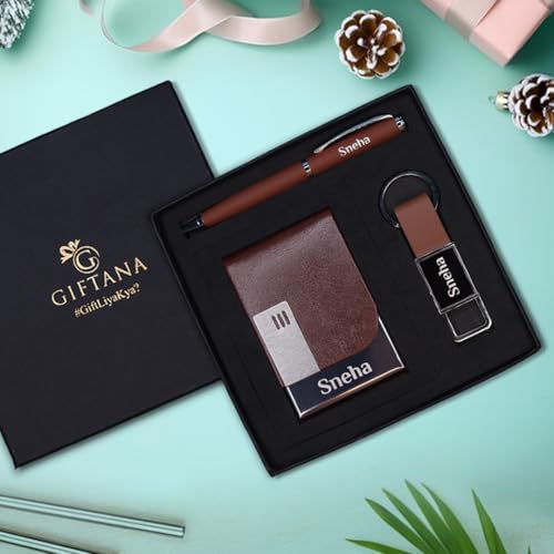 Image of Giftana Personalized Keychain with Pen and Card Holder with Name, 3 in 1 Customized Corporate Gift Set for Men and Women, Personalised Gifts for Employee (Brown)