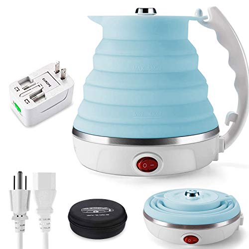 Travel Foldable Electric Kettle,Upgraded Food Grade Silicone Portable Foldable Electric Kettle with Dual Voltage and Separable Power Cord and Storage Bag,555ML 110-220V US Plug(Blue)