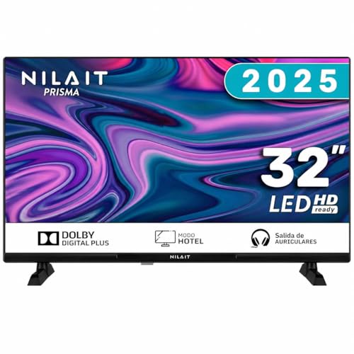 Nilait Prisma 32HC7002N TV 32 Pulgadas LED HD Ready Frameless, Dolby Digital Plus, 2 HDMI, USB, DVB T2, VESA 75x75, Televisor Compacto para Cocina Dormitorio Oficina (Negro, Sin SmartTV)