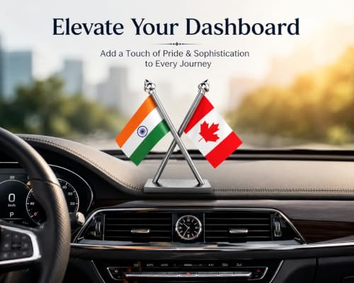 Image of The Flag Company India & Canada Car Dashboard Flag 2x3 Inch Premium Flags with Stainless Steel Pole & Base | Compact Dual Display for Car Interiors & Desks