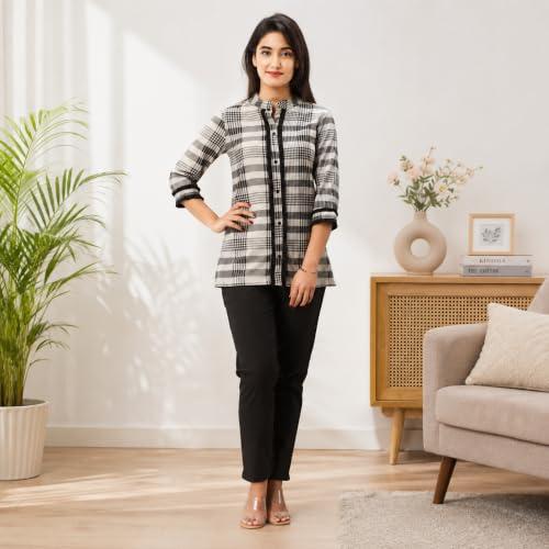 Image of FABRIC FITOOR Women's Cotton Checkered Print Grey & Black Color Mandarin Collar Straight Shirt