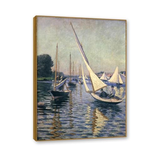 Tableau de decoration murale salon moderne Regatta toile avec cadre teck