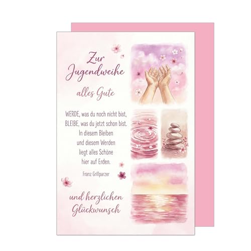 Edition Seidel Premium Glückwunschkarte zur Jugendweihe mit Umschlag. Jugendweihekarte Karte Grußkarte Spruch Sprüche Mädchen Junge Jugendliche Hände Steine Meer Blumen rosa Wünsche (JW154 SW026)