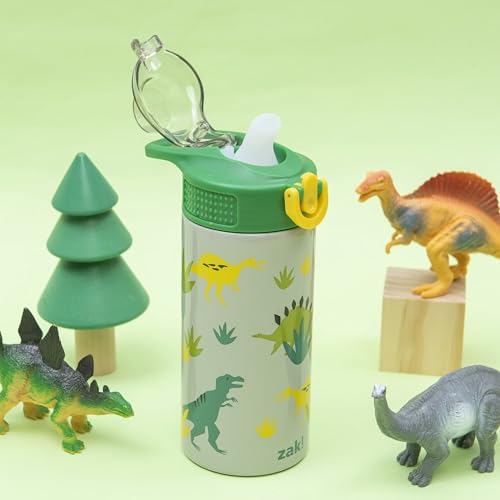 Image of Zak Designs Sage Kids Water Bottle For School, Travel or At Home, 14oz Stainless Steel Water Bottle With Straw, Handle, and Leak-Proof, Pop-Up Spout Cover (Dino)