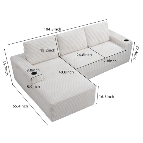Image of 104 inch L Shaped Boneless Sectional Couches for Living Room, Comfy Corduroy Floor Cloud Sofa with Chaise and Cup Holder, Wide Armrest, Deep Seat, Assembly Free, Ideal for Small Spaces, Beige
