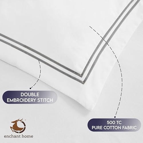 Image of Pure Cotton 500 TC Pillow Cover Set | Greek Embroidered Pillow Cover Set | Percale Weave | 18 X 27 Inches (2, White - Silver)