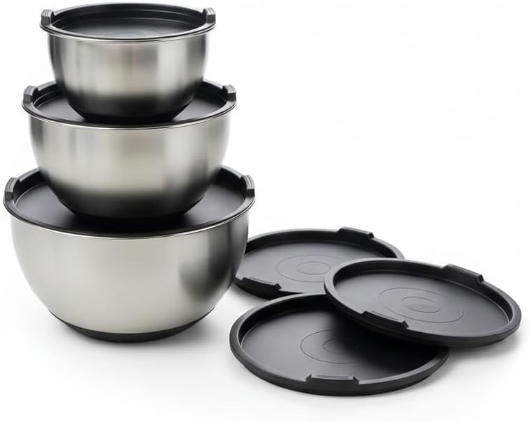 ANGORA BRANDS Matte Black Stainless Steel Mixing Bowls with Lids Set (3-Piece) - Nesting Bowls for Cooking, Baking, Salads & Serving - 1.5 QT, 3 QT & 5 QT - Modern Kitchen Essentials by Samma