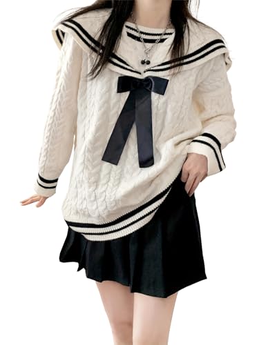 Womens Long Sleeve Navy Collared Pullover Sweater Preppy Style Cable Knit Sweaters Winter Trendy Outfits