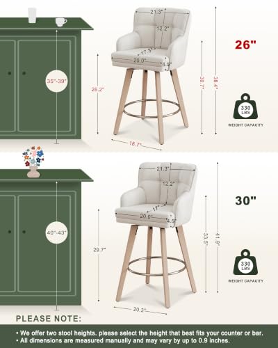 Butacos giratorios SAECKBERG de altura para barra con respaldo, patas de madera maciza de 26 pulgadas, sillas modernas para cocina o isla, tapizado en tela (beige, altura 26", juego de 2) miniatura 2