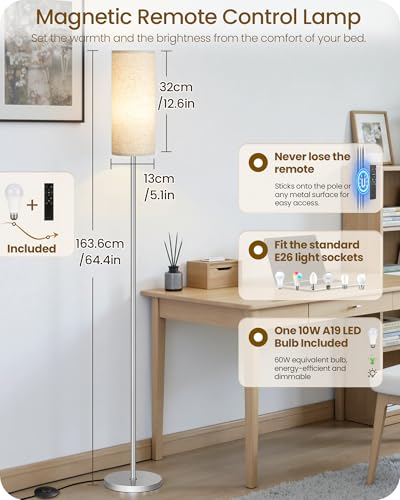 Image of Dimmable Floor Lamps for Living Room with Remote and Foot Switch, 64.4 inch Modern Standing Tall Lamp, Corner Lamp for Bedroom, Office, Bulb Included, 3000K-6500K, Beige and Silver, FCC Listed SE06LD05W1