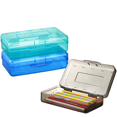 3 Pack Pencil Box, Sooez Pencil Box for Kids, Plastic School Supply Box, Large School Box, Hard Plastic Pencil Case Lid, Stackable Clear Supply Boxes Bulk for Girl Boy Classroom