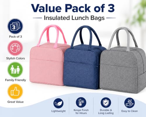Image of Milton Pack of 3 Insulated Lunch Bags for Daily Meal Storage, Thermal Food Carrier with Large Capacity for Work School Picnic and Travel Use, (Blue,Pink,Grey