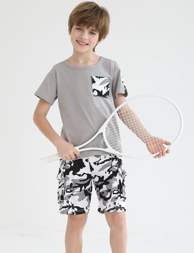 Image of mksodopy Boys Summer Outfit Set 2 Piece T Shirt and Camo Shorts Casual Clothes for Little Big Boys 5-16