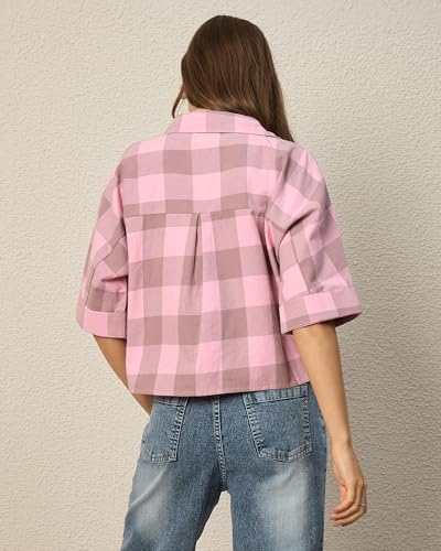 Image of Chimpaaanzee Women Checks Half Sleeve Crop Shirt