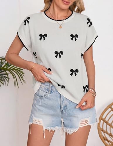 Image of ZESICA Women's Summer Trendy Knit Top 2026 Floral Print Short Sleeve Crewneck Loose Fit Sweater Vest Going Out Clothes