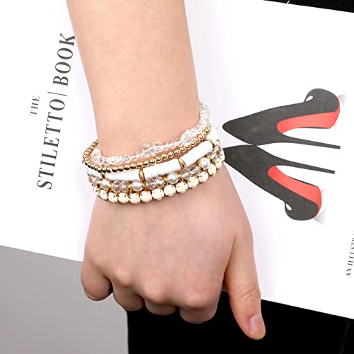 Makersland White Bracelets, Clay Beaded Crystal White Bracelet Set, 5Pcs Strand Stretch White Bracelet Jewelry For Women #TOP5