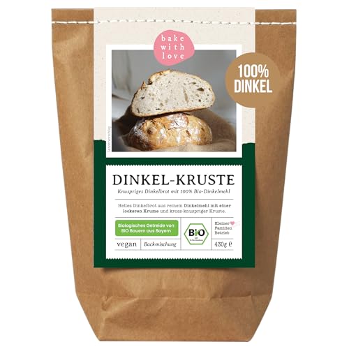 Bio Dinkel Brotbackmischung Dinkel-Kruste - 100% Dinkelmehl ohne Weizen - Brot backen mit Sauerteig - ohne Zusatzstoffe - für Brotbackautomat & Ofen - Bake with Love - 1er Pack