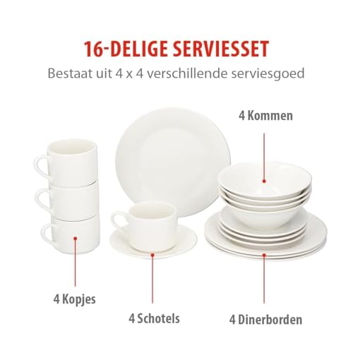alpina Geschirrset 4 Personen Fruhstück - Teller- und Schüssel Set - Steingut Geschirr Set - Frühstücksteller, Schüsseln, Tassen und Untertassen - Mikrowellen- und Spülmaschinenfest - Weiß