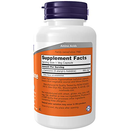Now Supplements, L-Carnosine (Beta-Alanyl-L-Histidine) 500 Mg, Healthy Aging, 100 Veg Capsules #TOP1