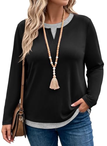 Image of Eytino Women Plus Size Fall Tops Patchwork Shirts (1X-5X) | Crewneck Long Sleeve,Color Block,Casual Loose Fit,Fall Fashion Basic Tees