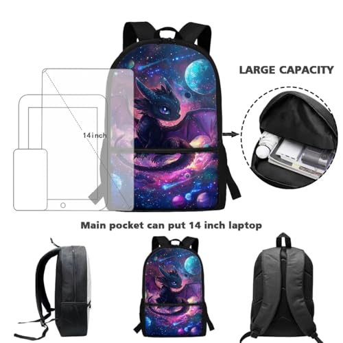 Dragon Backpack for Boys 4 Piece Solar System Planet School Bag + Lunch Box + Pencil Case + Water Bottle Holder 17 Inches Backpacks for School with Lunchbox Set Ages 6-8 Bookbag4