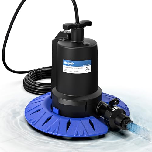 Bywter Pool Cover Pump, 1/4HP Automatic Swimming Pool Cover Pump, 1800 GPH Submersible Sump Pump with Check Valve Adapter for 3/4' & 1-1/4' Hoses and 25ft Power Cord, Water Removal for Pool Cover