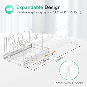 Puricon Pan Stand, Telescopic 10 Compartment Pot Lid Pan Rack, Kitchen Multifunctional Lid Storage Rack with 4 Hooks, White