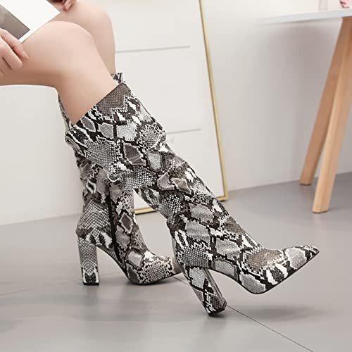 SHEMEE Women's Colorful Snakeskin Knee High Boot Chunky Block High Heels Snake Print Round Toe Zipper Slouch Shoes4