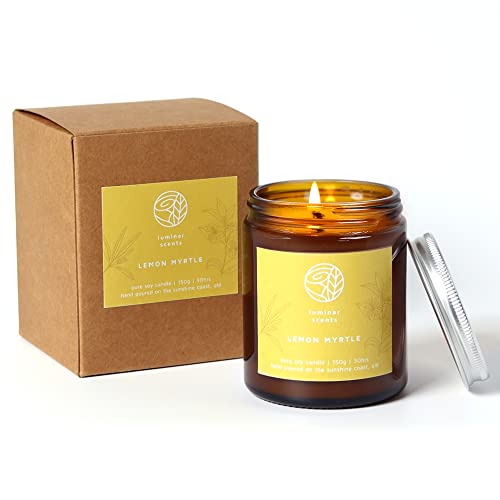 Natural Soy Candle Made in Australia in Amber Jar 150g - 30 Hours Burn Scented Aromatherapy Candle with Gift Box (Lemon Myrtle)