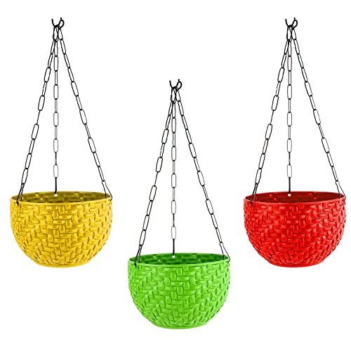 Image of Amazon Brand - Umi Heavy Plastic Wicker Hanging Basket with Metal Hanging Chain /Multicolored Hanging Pots /Hanging Planters for Balcony, Garden, Home (Multicolored, Set of 3)
