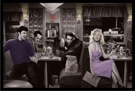FRAMED Blue Plate Diner with James Dean Marilyn Monroe Elvis Presley and Humphrey Bogart by Chris Consani 36x24 Art Print Poster Wall Decor Celebrity Movie Stars Eating at Diner Icons Hollywood Sassy Heaven Diner