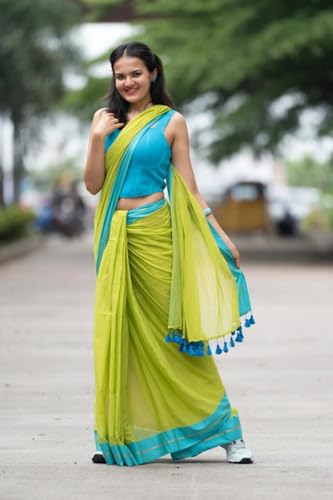 Image of Sudip callection Handloom Mul Cotton Saree for Women - Bottle Green with Pink Border Golden Zari Line & Tassel Pallu