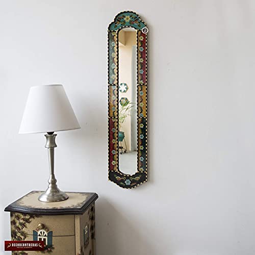 Long Narrow Mirror Wall Art 35.8" Tall, Decorative Long Mirror From Peru, Painting On Glass, Antique Gold Wood Framed Wall Accent Mirrors For Living Room #TOP1
