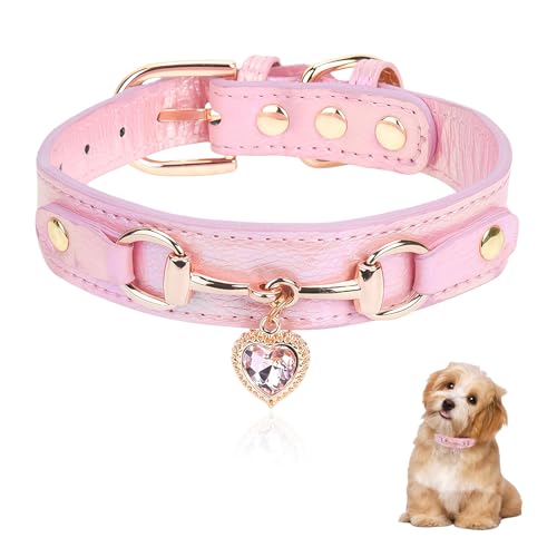BelleFlair Collare per cani rosa per cani piccoli, collare per cuccioli in pelle PU con ciondolo a cuore in strass, collare regolabile per cucciolo Chihuahua con fibbia dorata elegante e borchie (S)