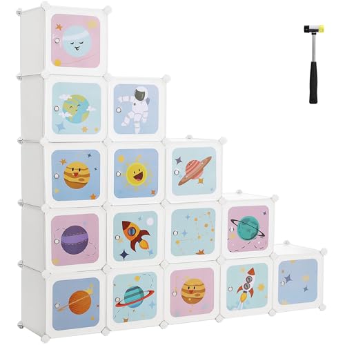 SONGMICS Scaffale Portaoggetti a 15 Cubi per Bambini, Portagiochi ad Incastro, Armadio in Plastica, Organizzatore Modulare per Abiti Scarpe Zainetto, 153 x 31 x 153 cm, Bianco LPC902W