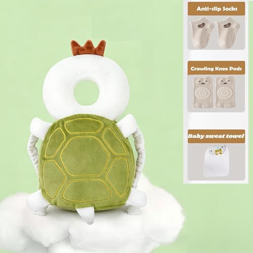 Image of Baby Head Protector Backpack, Toddler Baby Head Protection Backpack with Baby Knee Pads for Walking & Crawling, Soft, Breathable and Wearing Safety Baby Head Protector- Green Turtle