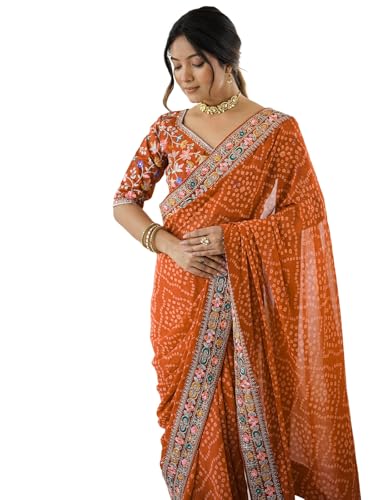 Image of Satrani Women's Georgette Bandhani Printed Sequin Embroidery Saree with Unstitched Blouse Piece
