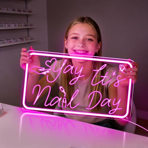 Yay It's Nail Day Neon Sign, Pink Neon Sign with 3D Carving Butterfly，Nails Neon Signs for Wall Decor, Bedroom - 3-Mode Dimmable USB Powered Salon Decor, Gifts for Nail Tech 16x8.8 Inches