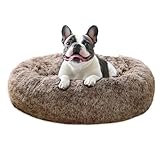 JOLLYVOGUE Calming Dog Bed Medium Size Dog, 31in Donut Washable Medium Pet Bed, Anti-Slip & Anti-Anxiety Fluffy Faux Fur Round Dogs Bed, Fits up to 45 lbs Pets (Smoke Brown)