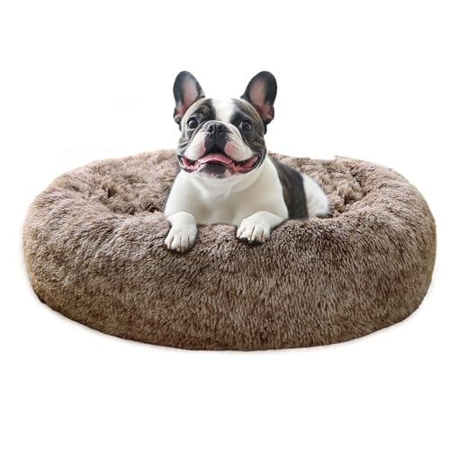 JOLLYVOGUE Calming Dog Bed Medium Size Dog, 31in Donut Washable Medium Pet Bed, Anti-Slip & Anti-Anxiety Fluffy Faux Fur Round Dogs Bed, Fits up to 45 lbs Pets (Smoke Brown)