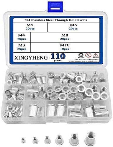 XINGYHENG 110Pcs 6 Values 304 Stainless Steel Flat Head Threaded Rivets Nut M3 M4 M5 M6 M8 M10 Whole Hollow Thread Insert Grommets