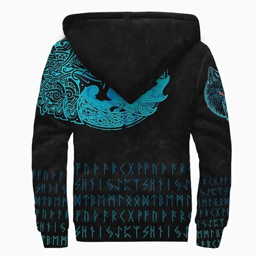 Viking Nordic wolf Tattoo Men's Zip up Heavyweight Hoodie, 3D Print Thickened Warm Winter Jacket, Medieval Fleece Lined Coat2