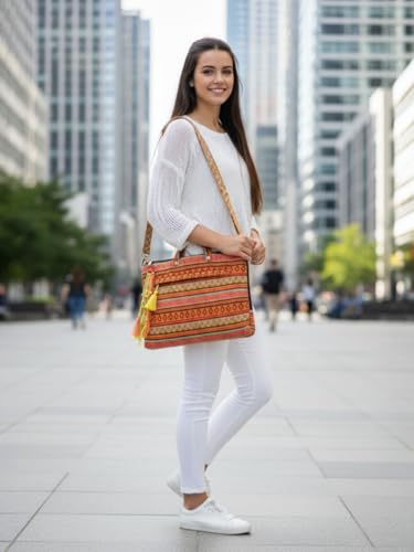 Image of The House of tara Office Laptop Bag for Women 13.3 And 15.6 Inch | Ideal For Office & Travel | Multicolour Embellished Handloom Fabric | MacBook Messenger Business Bag for ladies
