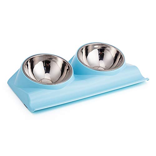 Vealind Double Pet Dog Bowl with Raised Stand, 15 Degree Tilted Non Slip Cat Food and Water Feeding Bowls (Blue)