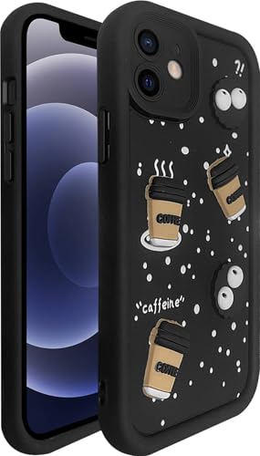 Image of SHINESTAR Back Cover for iPhone 12 - 3D Cartoon Coffee & Eyes Design | Soft Silicone Shockproof Case with Full Camera Protection | Cute & Playful Phone Cover - Black