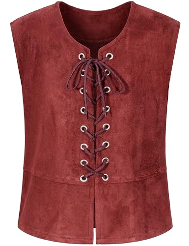 Kids Pirate Renaissance Vest for Boys Costumes Medieval Viking Steampunk Gothic Waistcoat Halloween Cosplay 10-11Years Red