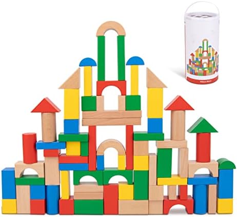 TOOKYLAND 100 Pieces Wooden Building Blocks, Shape Sorting Stacking Toy for Kids with Storage Bucket, Montessori Toys for 1 2 3 Year Old Girls Boys